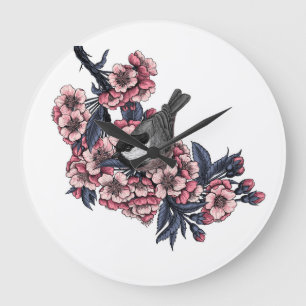 Chickadee on a blooming cherry branch große wanduhr
