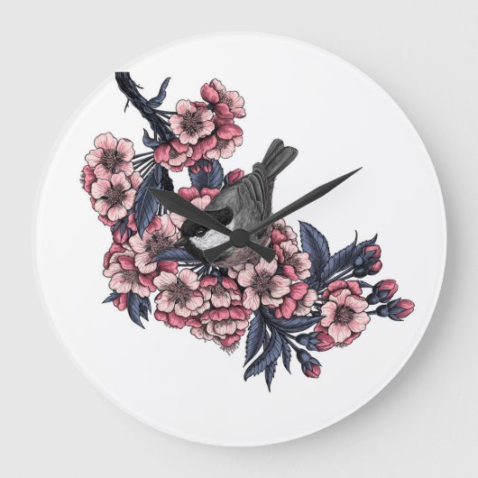 Chickadee on a blooming cherry branch große wanduhr (Vorderseite)