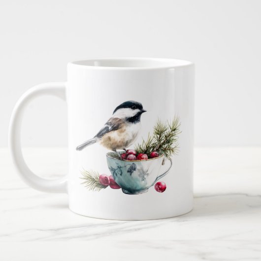 Chickadee on Teacup With Cranberries Jumbo-Tasse (Links)