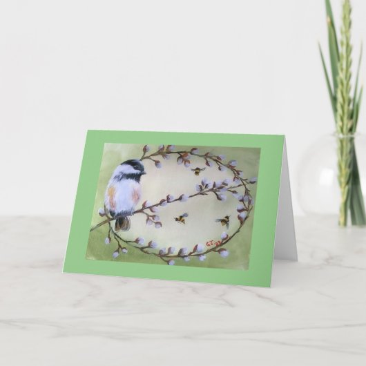 Chickadee, Pussy Willow Falded Announcement Card Ankündigung (Vorderseite)