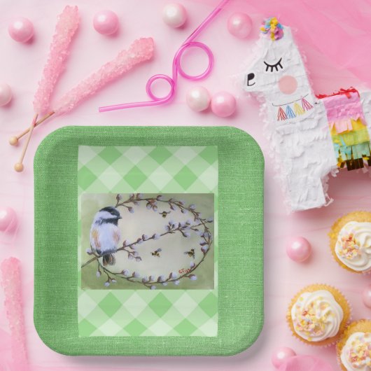 Chickadee Pussy Willows Bees Pappteller (Party)