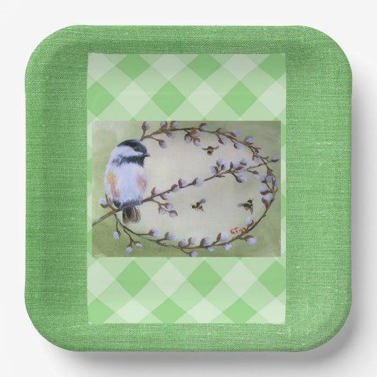 Chickadee Pussy Willows Bees Pappteller (Vorderseite)