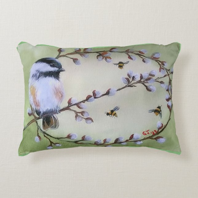 Chickadee Pussy Willows Bienen Kissen Kissen (Vorderseite)