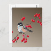 CHICKADEE & RED BERRIES VON SHARON SHARPE POSTKARTE (Vorne/Hinten)