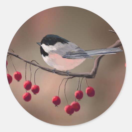 CHICKADEE & RED BERRIES VON SHARON SHARPE RUNDER AUFKLEBER (Vorderseite)