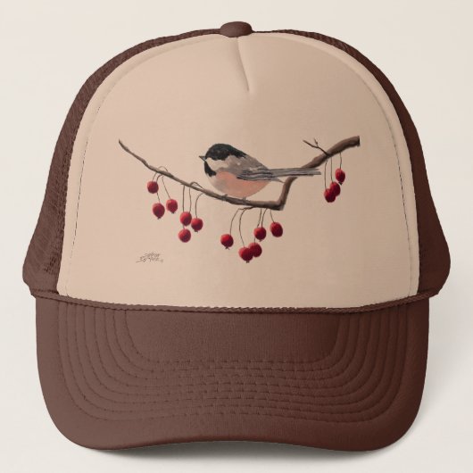 CHICKADEE & RED BERRIES VON SHARON SHARPE TRUCKERKAPPE (Vorderseite)