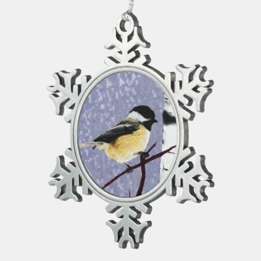 Chickadee Schneeflocken Zinn-Ornament (Rechts)