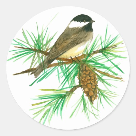 Chickadee, schwarz, weißer Pine Cone Tassel Runder Aufkleber (Vorderseite)