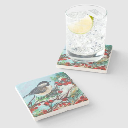 Chickadee-Sweet Winter Black Capped Chickadee Bird Steinuntersetzer (Seitenansicht)