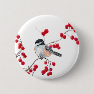 CHICKADEE u. ROTE BEEREN durch SHARON SHARPE Button