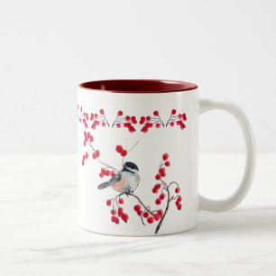 CHICKADEE u. ROTE BEEREN durch SHARON SHARPE Zweifarbige Tasse