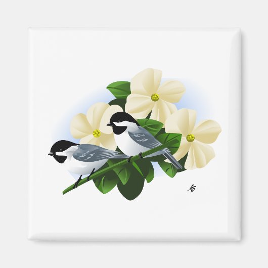 Chickadee und Dogwood-Blume Magnet (Vorne)