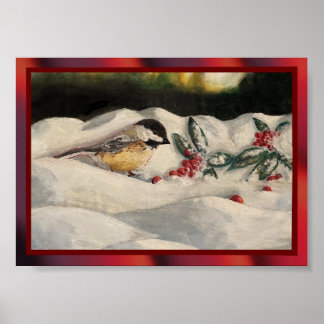 Chickadee und Mistletoe am Weihnachtsschnee Poster