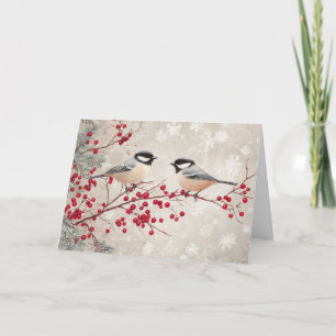 Chickadee und Rote Berries mit Schneeflocken Karte