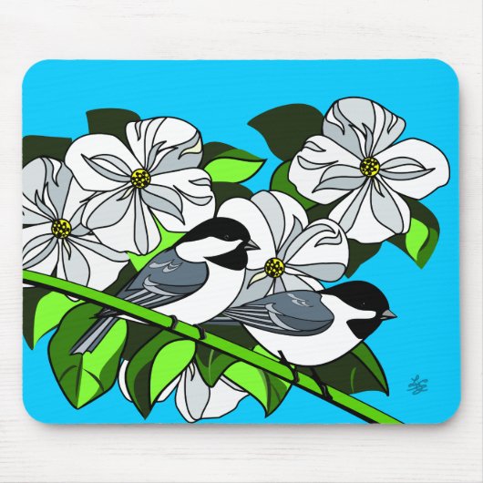 Chickadee unter Dogwood-Blume Mousepad (Vorne)