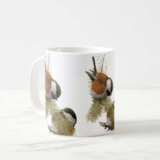 Chickadee-Vogelmalerei auf Kastanien Kaffeetasse (Vorderseite Links)