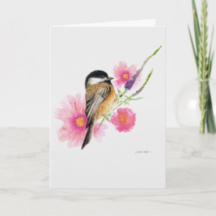 Chickadee Vogelschwarz Gedeckte Wasserfarbe Kunst Karte