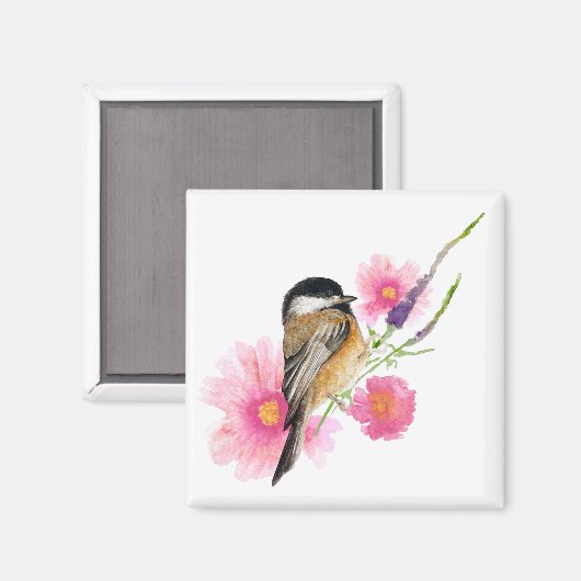 Chickadee Watercolor Bird Blume Magnet (Vorderseite/Rückseite)