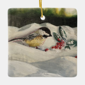 Chickadee zum Winterschnee mit MistleToe Keramikornament