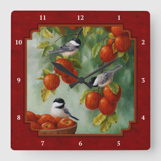 Chickadees Apple Harvest Red Quadratische Wanduhr (Vorderseite)