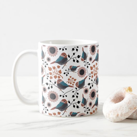 Chickadees Berries Blume Rosa Blauer Rost Kaffeetasse (Mit Donut)