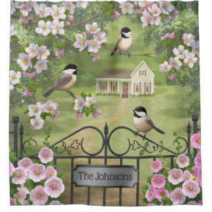 Chickadees Blume Viktorianisch Bauernhof Duschvorhang