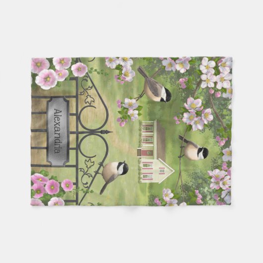 Chickadees Blume Viktorianisch Bauernhof Fleecedecke (Vorderseite (Horizontal))