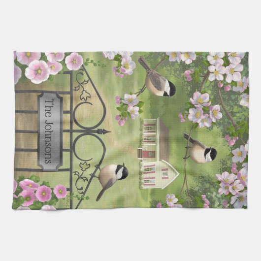 Chickadees Blume Viktorianisch Bauernhof Geschirrtuch (Horizontal)