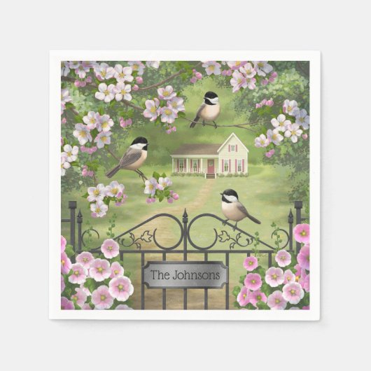 Chickadees Blume Viktorianisch Bauernhof Serviette (Vorderseite)