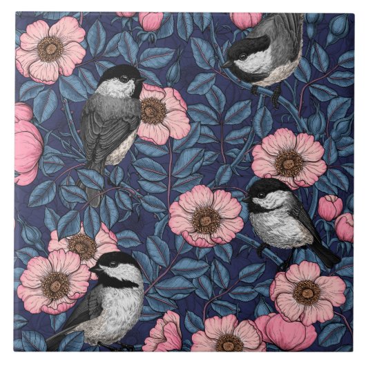 Chickadees in the wild rose in pink and blue fliese (Vorderseite)