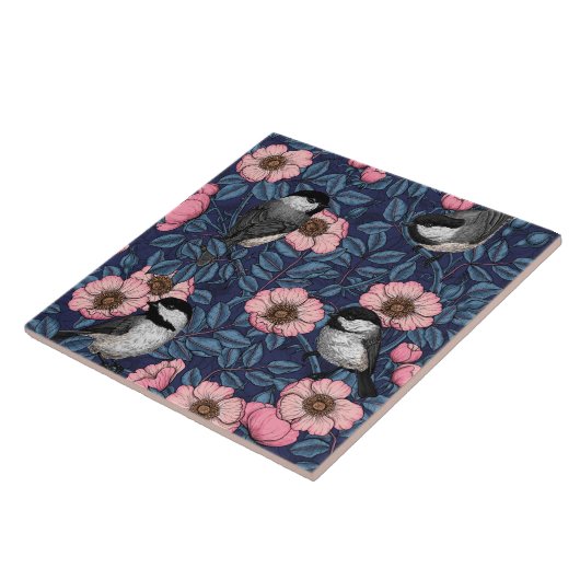 Chickadees in the wild rose in pink and blue fliese (Seite)