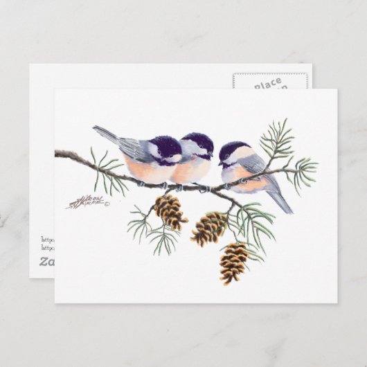 CHICKADEES & PINECONES VON SHARON SHARPE POSTKARTE (Vorne/Hinten)