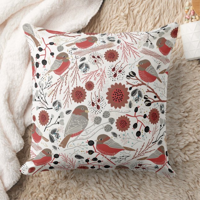 Chickadees Red Gray Pattern Kissen (Decke)