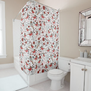 Chickadees-rotes graues Muster mit Blumen Duschvorhang