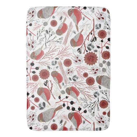 Chickadees rotes graues Muster mit Blumenmuster Badematte (Vorderseite Vertikal)