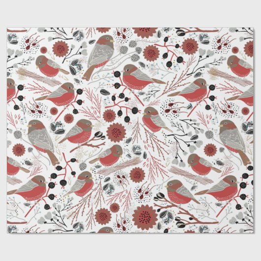 Chickadees rotes graues Muster mit Blumenmuster Geschenkpapier (Flach)