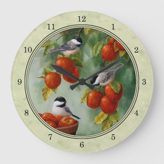 Chickadees und Apfelbaum grün Große Wanduhr (Vorderseite)