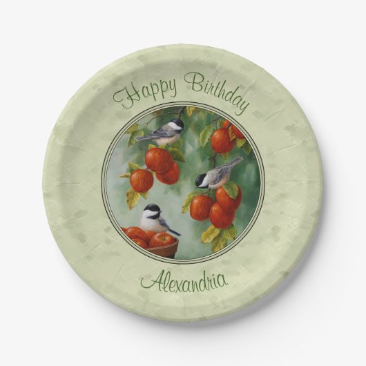 Chickadees und Apfelbaum grün Pappteller (Vorderseite)
