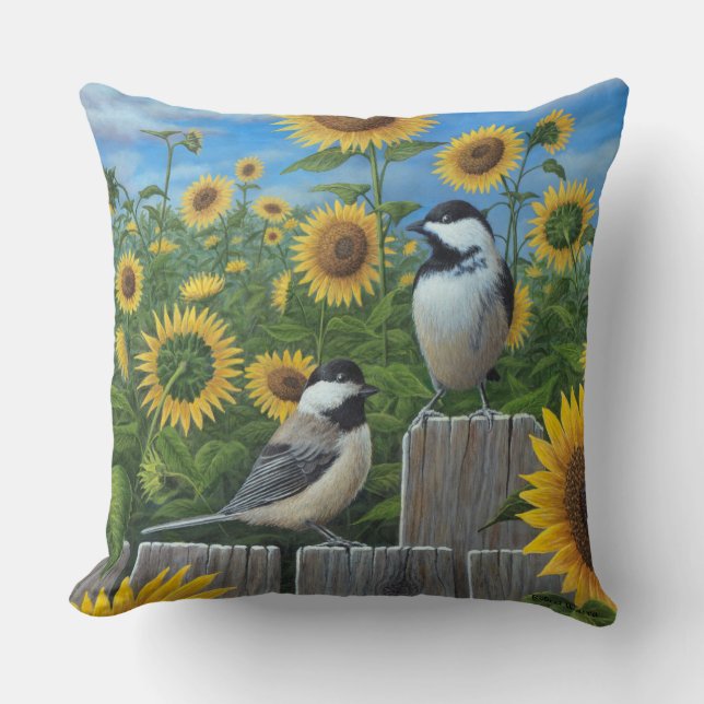Chickadees und Sonnenblumen Kissen (Vorderseite)