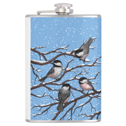 Chickadei im Winter Flachmann (Vorderseite)