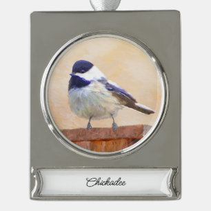 Chickadeo auf Birdhouse Malerei Original Bird Art Banner-Ornament Silber