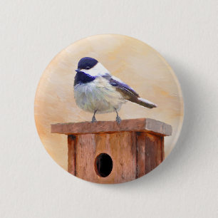 Chickadeo auf Birdhouse Malerei Original Bird Art Button