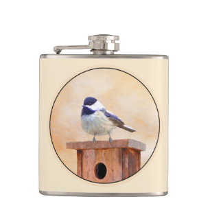 Chickadeo auf Birdhouse Malerei Original Bird Art Flachmann