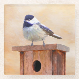Chickadeo auf Birdhouse Malerei Original Bird Art Glasuntersetzer
