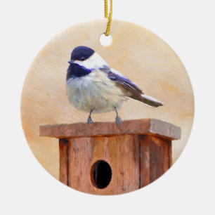 Chickadeo auf Birdhouse Malerei Original Bird Art Keramik Ornament