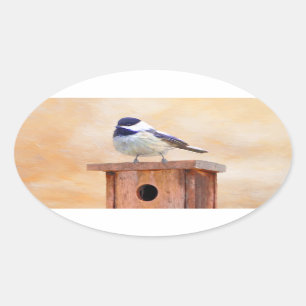 Chickadeo auf Birdhouse Malerei Original Bird Art Ovaler Aufkleber