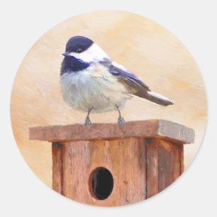 Chickadeo auf Birdhouse Malerei Original Bird Art Runder Aufkleber