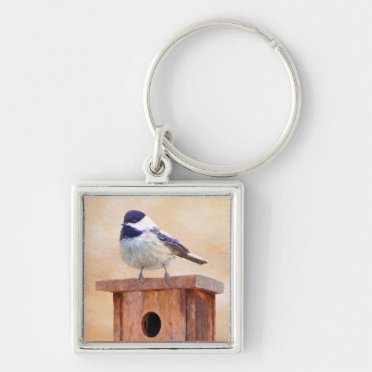 Chickadeo auf Birdhouse Malerei Original Bird Art Schlüsselanhänger (Vorne)