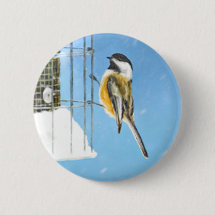 Chickadeon Feeder Painting - Original Bird Art Button