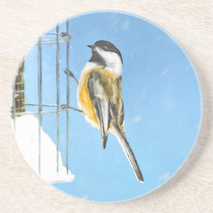 Chickadeon Feeder Painting - Original Bird Art Getränkeuntersetzer
